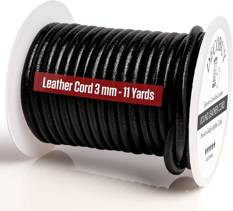 Decobuy Leather Cord for Jewelry Making, Round Cording 3 mm Rope, 11 Yards Used for Crafts, Necklace String, Braiding - Black - Image 1